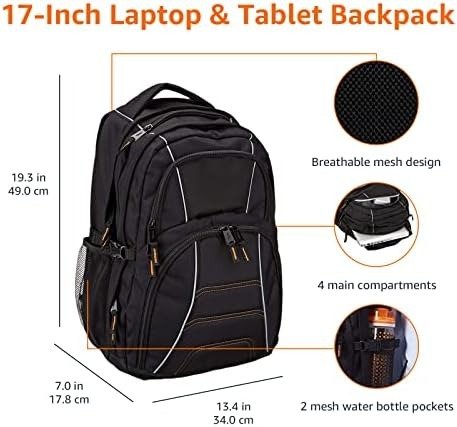 Amazon Basics Laptop Backpack Fits Up to 17-Inch Laptops, Black